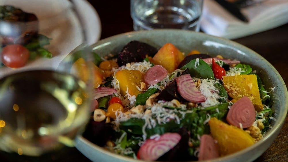 Roasted Pumpkin Salad – Pumpkin and chickpeas with fresh spinach and almond cream